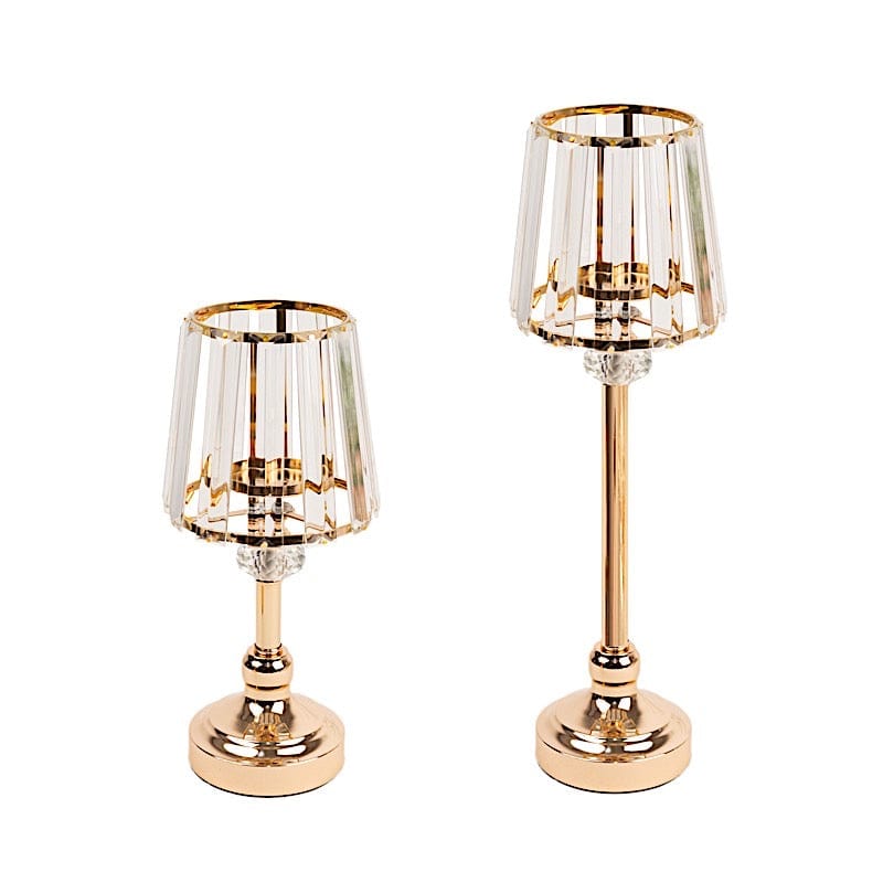 2 Gold Metal Votive Candle Holders with Clear Crystal Glass Lamp Shade