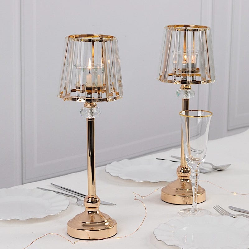 2 Gold Metal Votive Candle Holders with Clear Crystal Glass Lamp Shade