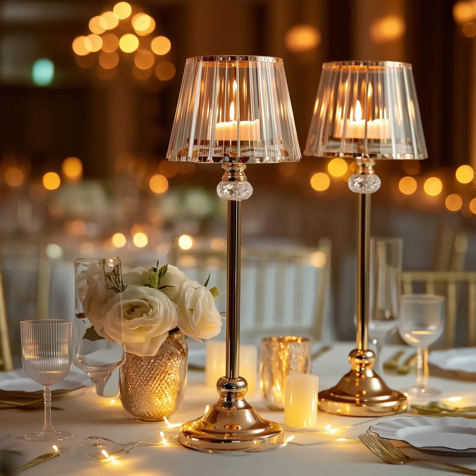 2 Gold Metal Votive Candle Holders with Clear Crystal Glass Lamp Shade