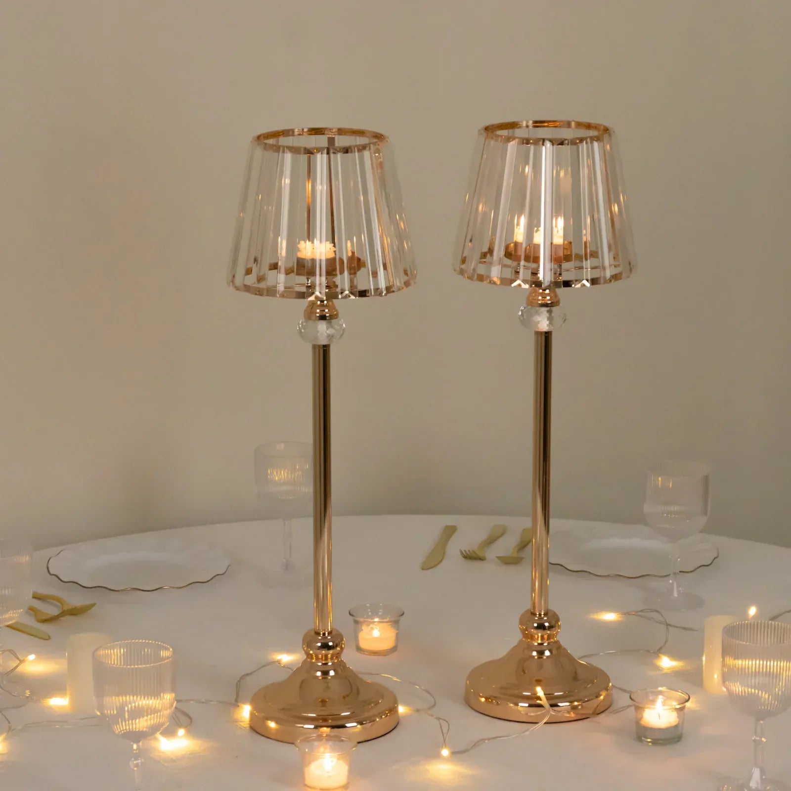 2 Gold Metal Votive Candle Holders with Clear Crystal Glass Lamp Shade
