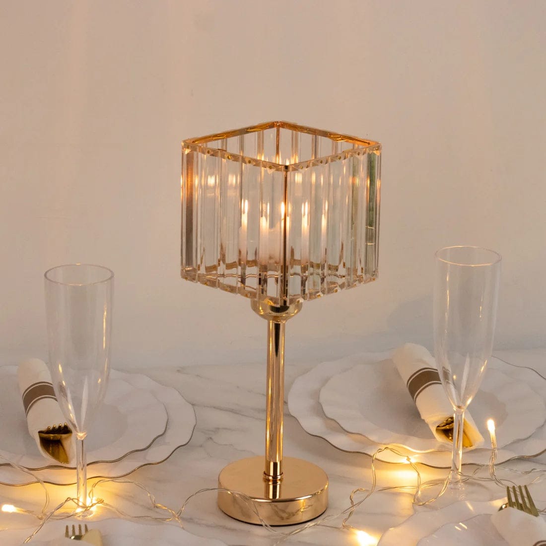 2 Gold with Clear Square Glass Crystal Pendant Hurricane Candle Holders