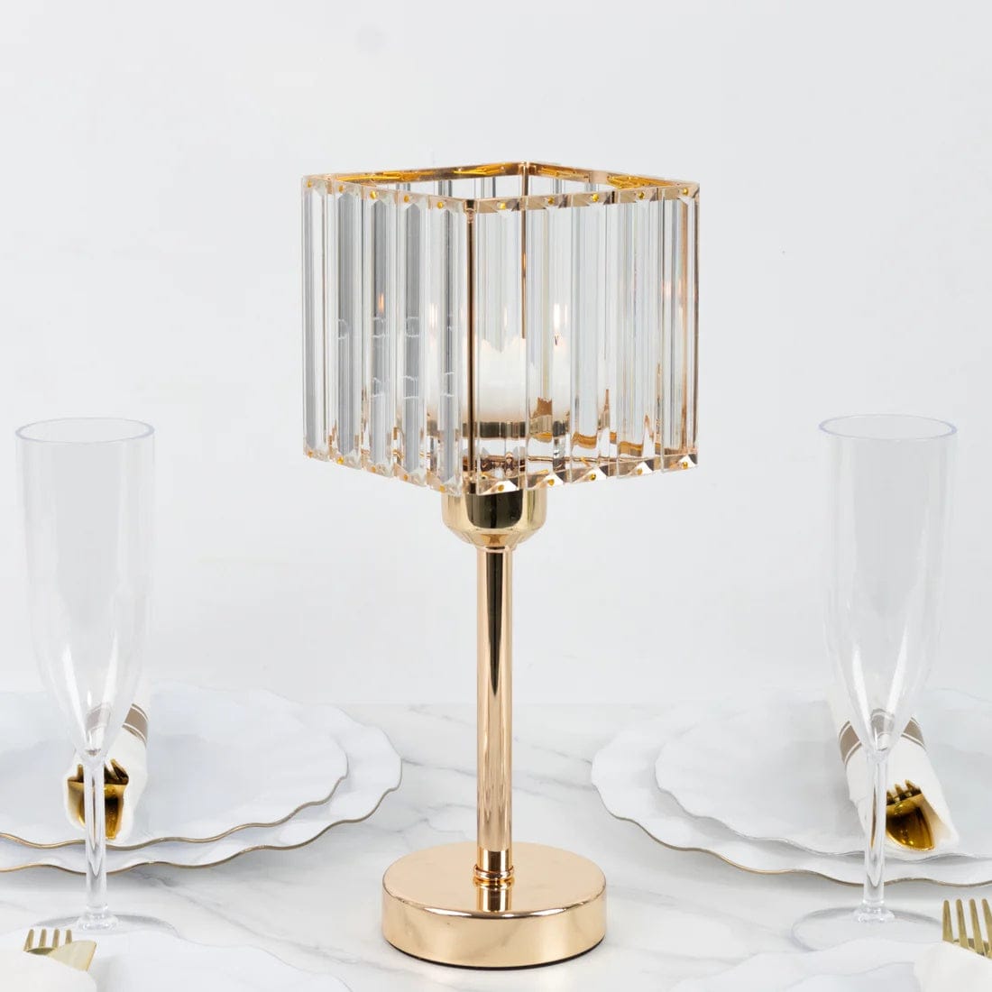 2 Gold with Clear Square Glass Crystal Pendant Hurricane Candle Holders