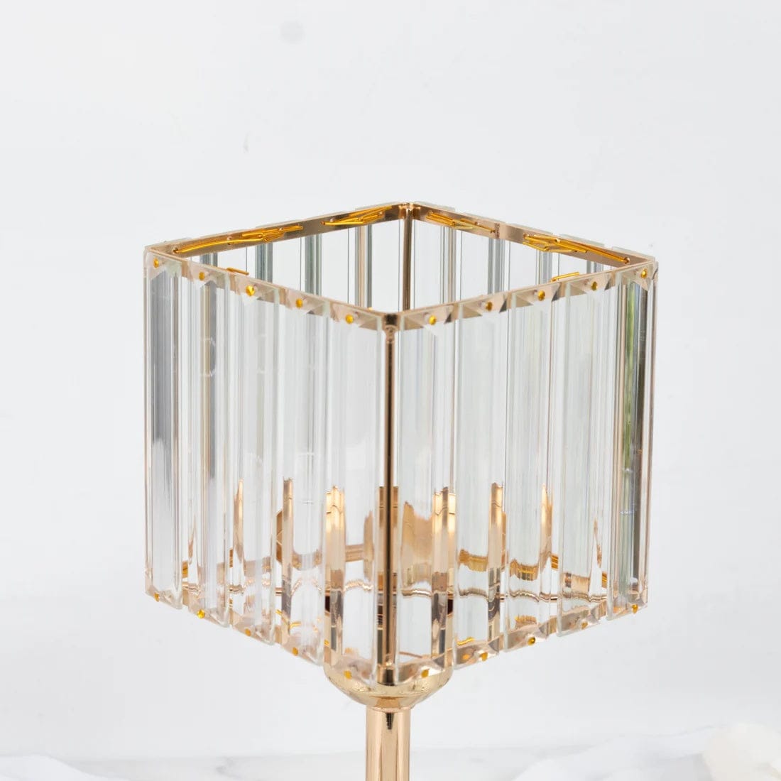 2 Gold with Clear Square Glass Crystal Pendant Hurricane Candle Holders