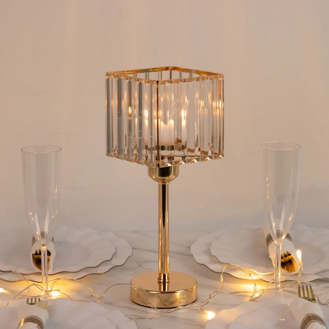 2 Gold with Clear Square Glass Crystal Pendant Hurricane Candle Holders