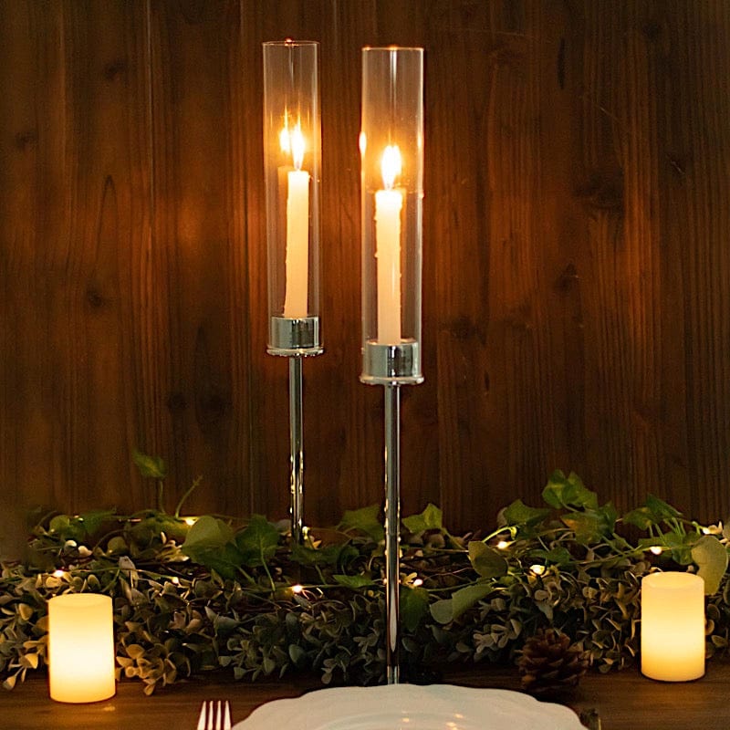 2 Metal with Clear Glass Shades Hurricane Taper Candle Holders