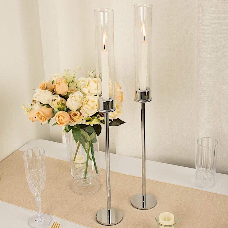 2 Metal with Clear Glass Shades Hurricane Taper Candle Holders