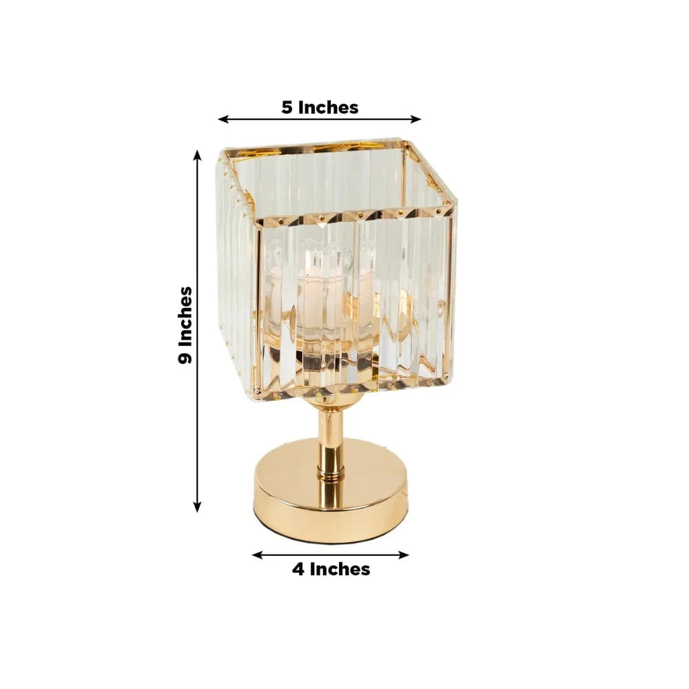 2 Gold with Clear Square Glass Crystal Pendant Hurricane Candle Holders