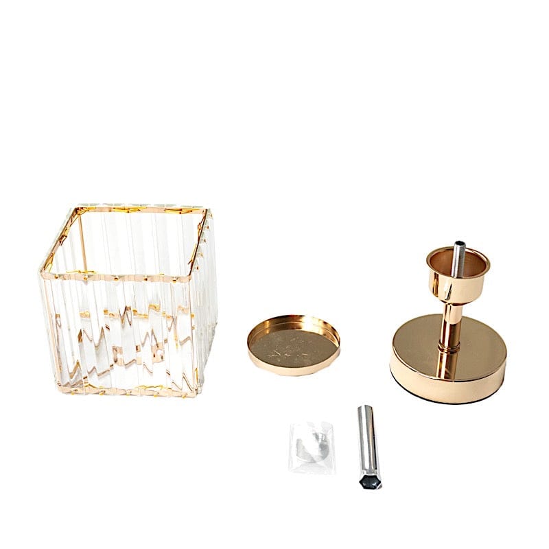 2 Gold with Clear Square Glass Crystal Pendant Hurricane Candle Holders