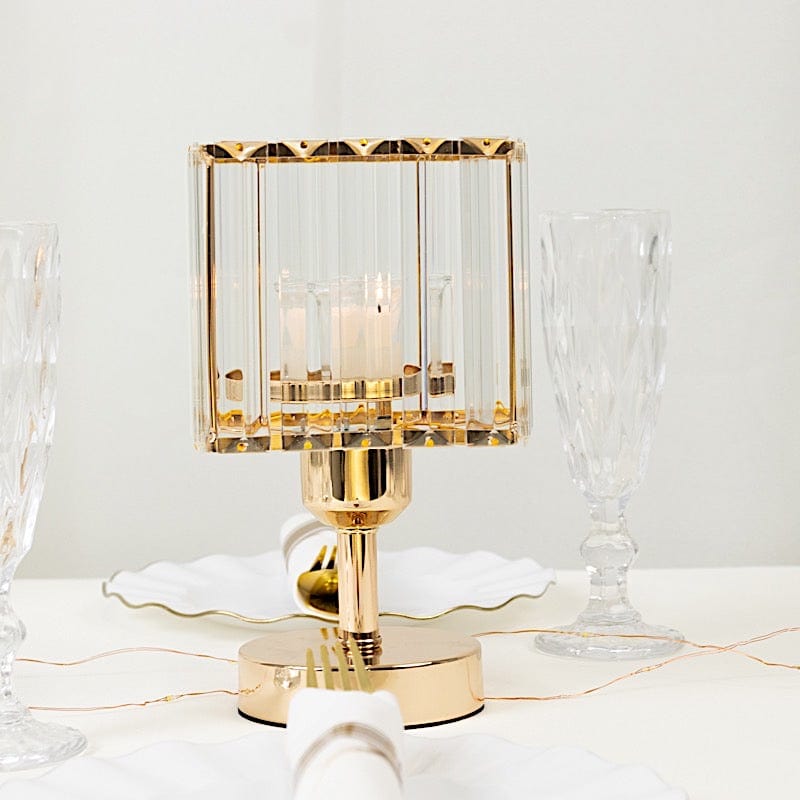 2 Gold with Clear Square Glass Crystal Pendant Hurricane Candle Holders