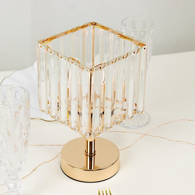 2 Gold with Clear Square Glass Crystal Pendant Hurricane Candle Holders