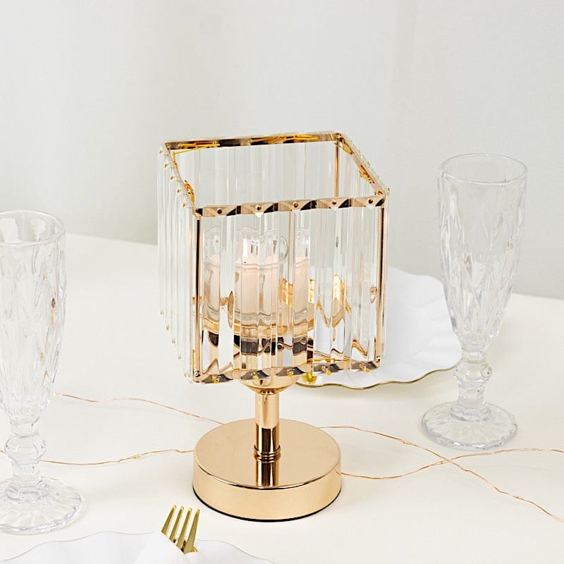 2 Gold with Clear Square Glass Crystal Pendant Hurricane Candle Holders