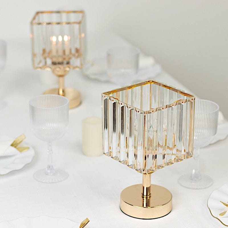 2 Gold with Clear Square Glass Crystal Pendant Hurricane Candle Holders