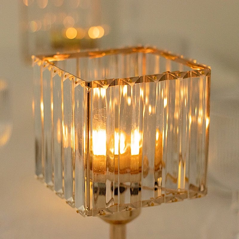 2 Gold with Clear Square Glass Crystal Pendant Hurricane Candle Holders