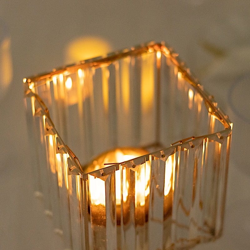 2 Gold with Clear Square Glass Crystal Pendant Hurricane Candle Holders