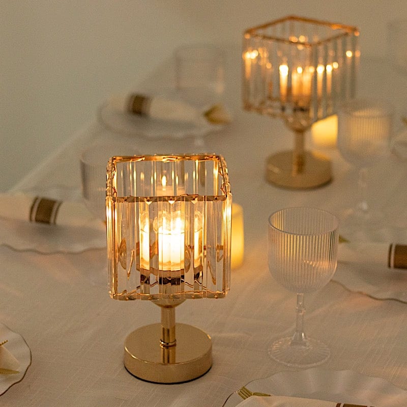 2 Gold with Clear Square Glass Crystal Pendant Hurricane Candle Holders
