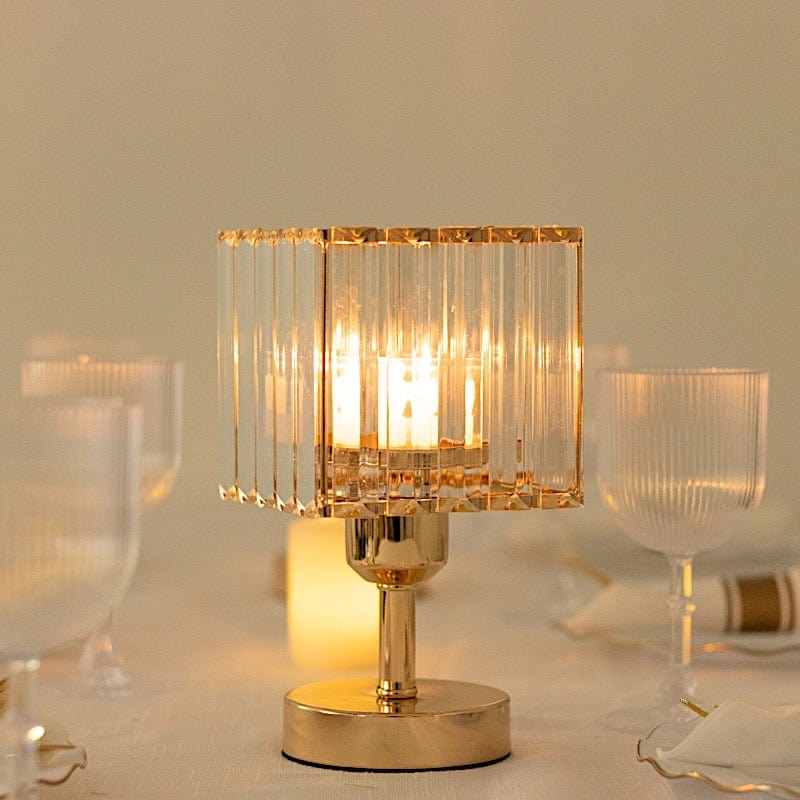 2 Gold with Clear Square Glass Crystal Pendant Hurricane Candle Holders