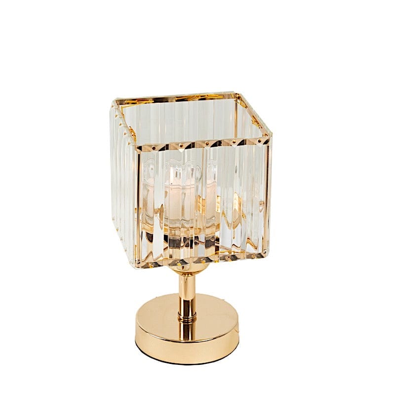 2 Gold with Clear Square Glass Crystal Pendant Hurricane Candle Holders