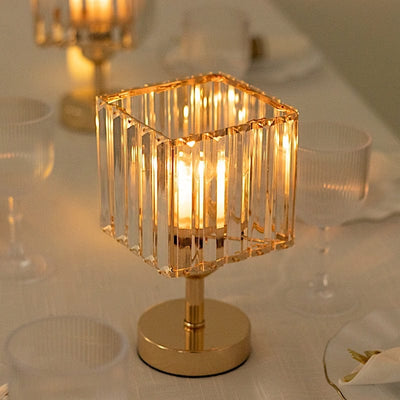 2 Gold with Clear Square Glass Crystal Pendant Hurricane Candle Holders