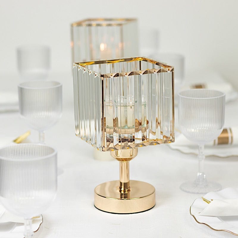 2 Gold with Clear Square Glass Crystal Pendant Hurricane Candle Holders