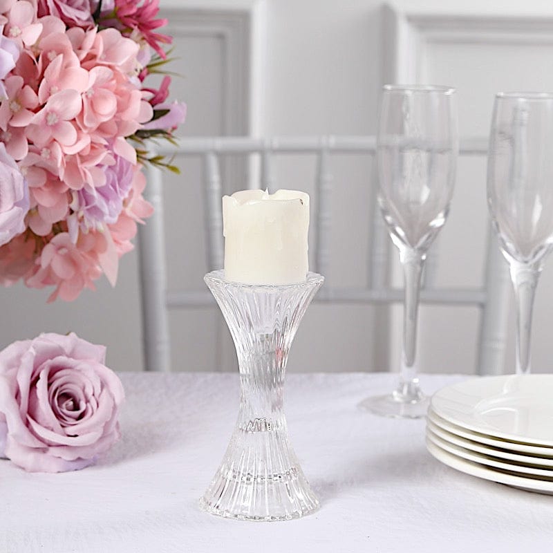 2 Clear 5 in Hour Glass Reversible Pillar and Taper Candle Holders