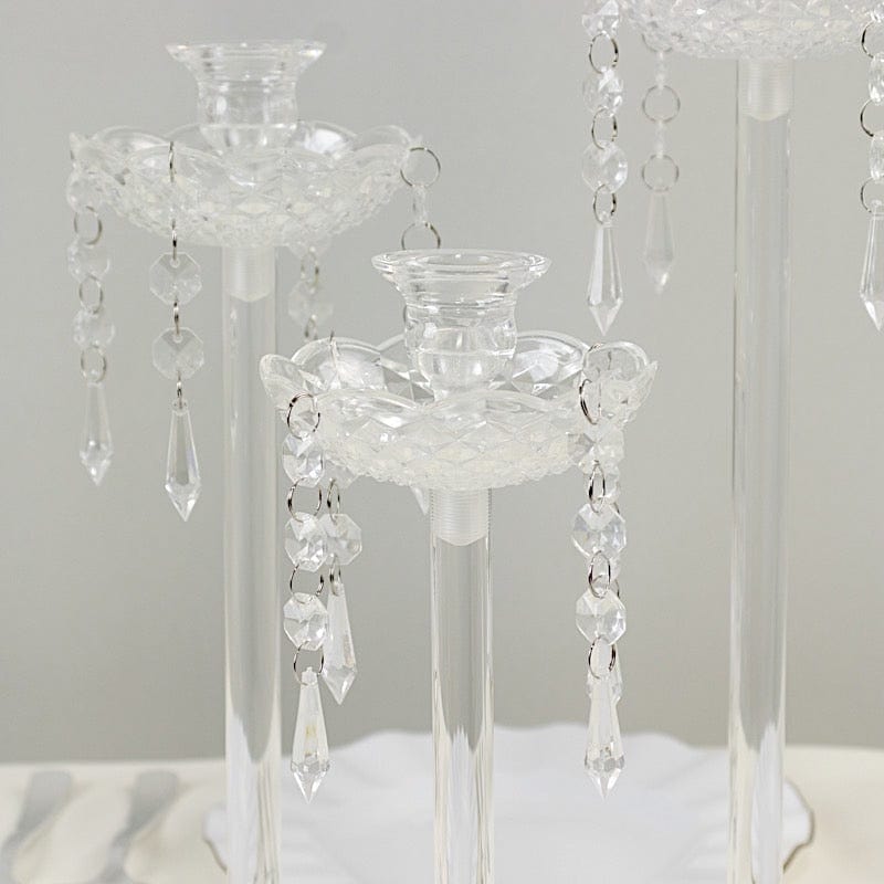 3 Clear Acrylic Taper Candle Holders with Hanging Beads and Prisms