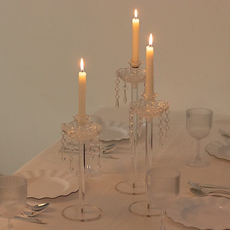3 Clear Acrylic Taper Candle Holders with Hanging Beads and Prisms