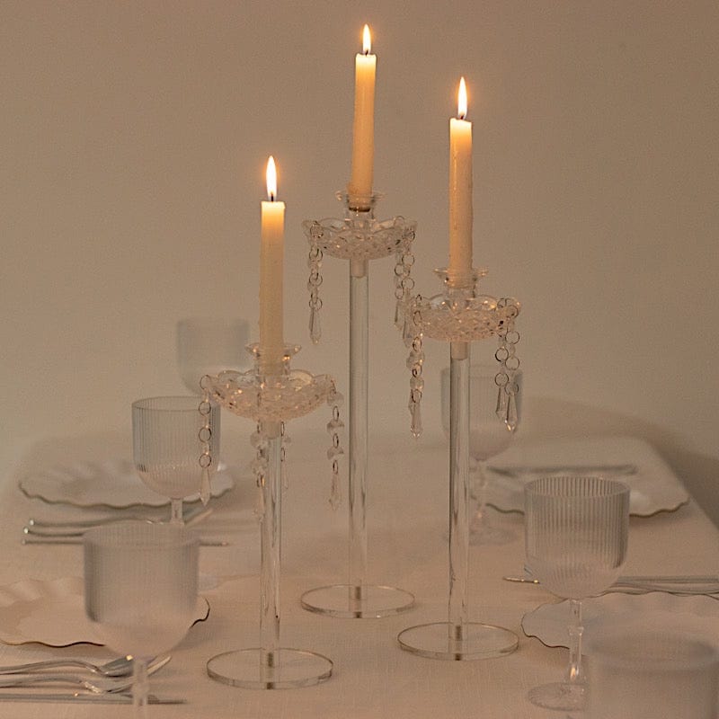 3 Clear Acrylic Taper Candle Holders with Hanging Beads and Prisms