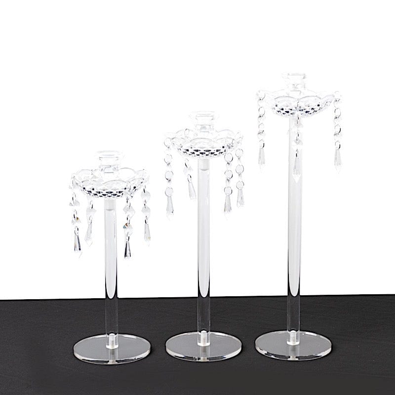 3 Clear Acrylic Taper Candle Holders with Hanging Beads and Prisms