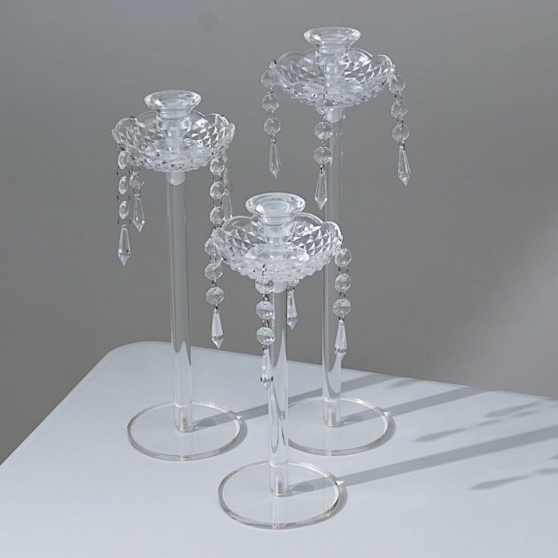 3 Clear Acrylic Taper Candle Holders with Hanging Beads and Prisms