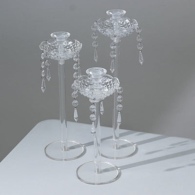 3 Clear Acrylic Taper Candle Holders with Hanging Beads and Prisms