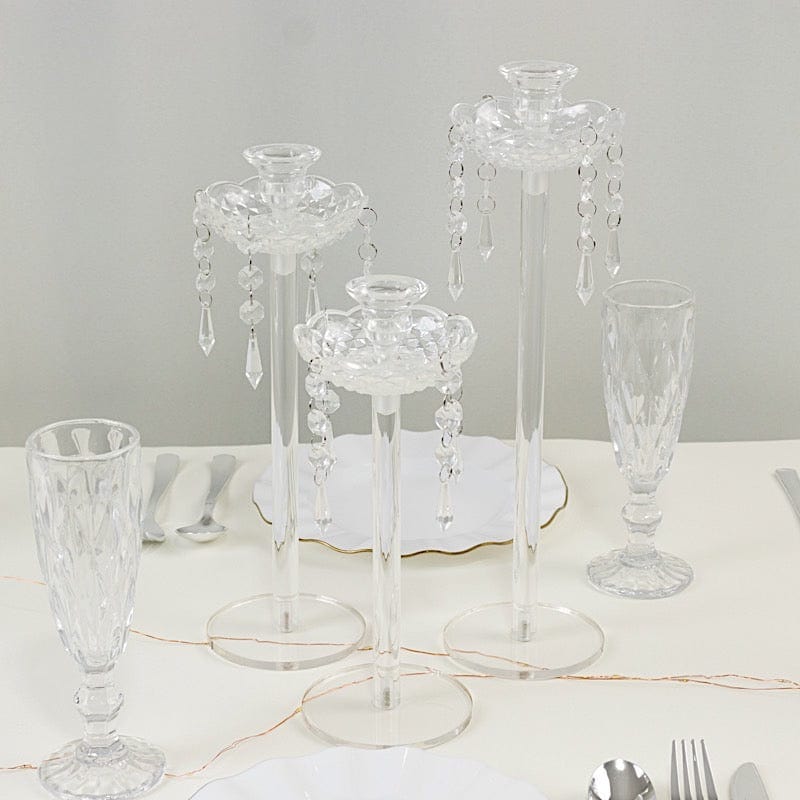 3 Clear Acrylic Taper Candle Holders with Hanging Beads and Prisms