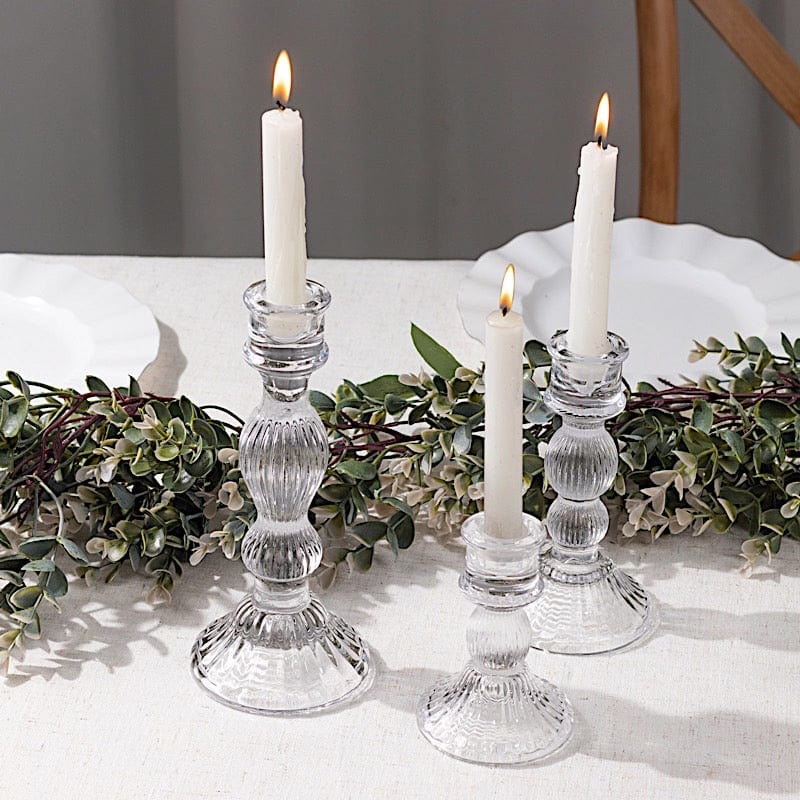 3 Clear Fluted Crystal Glass Taper Candle Holders