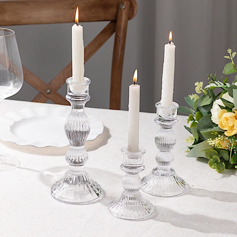 3 Clear Fluted Crystal Glass Taper Candle Holders