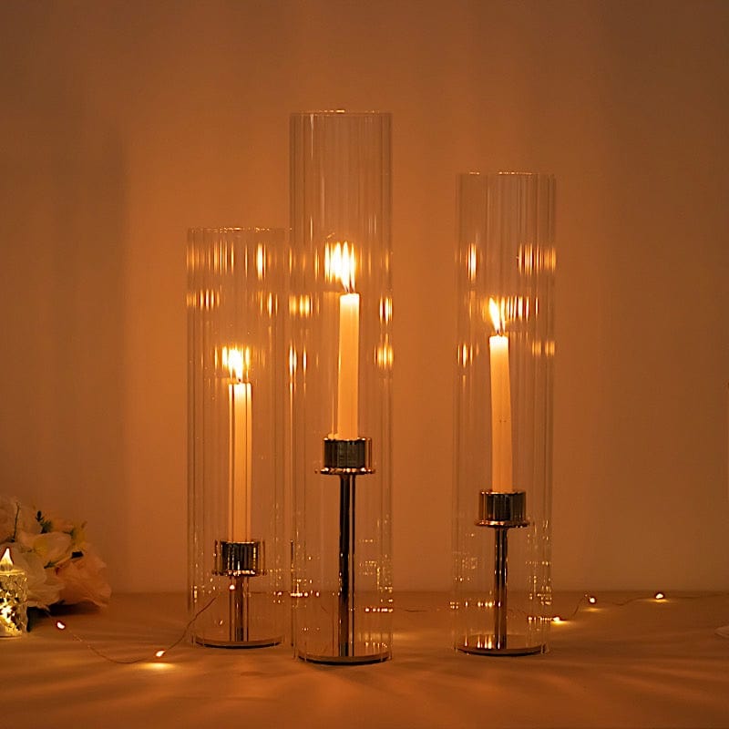 3 Clear Ribbed Candelabra Candle Holder Glass Shades