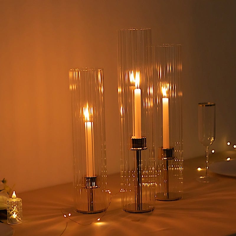 3 Clear Ribbed Candelabra Candle Holder Glass Shades