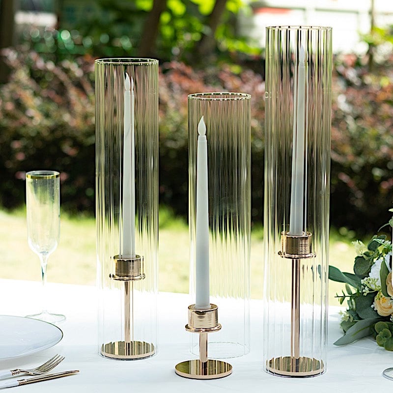 3 Clear Ribbed Candelabra Candle Holder Glass Shades