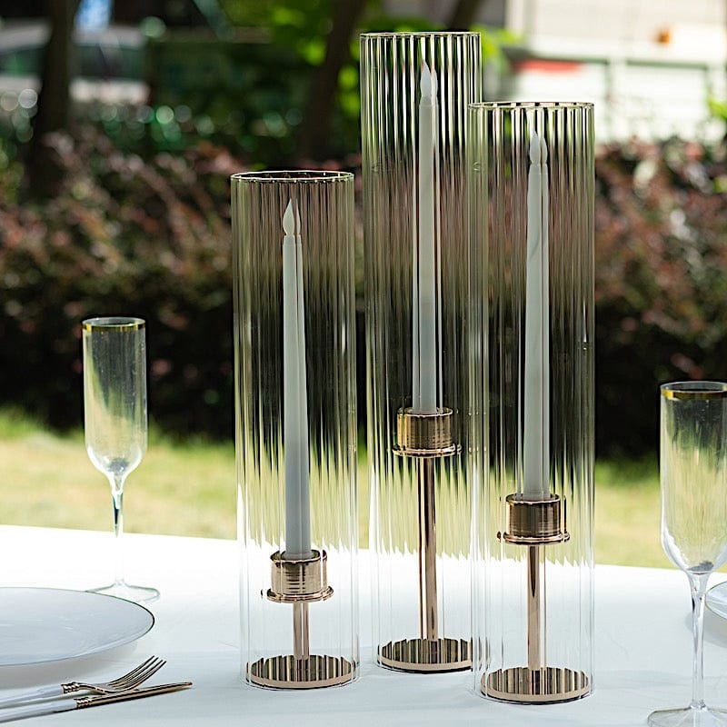 3 Clear Ribbed Candelabra Candle Holder Glass Shades