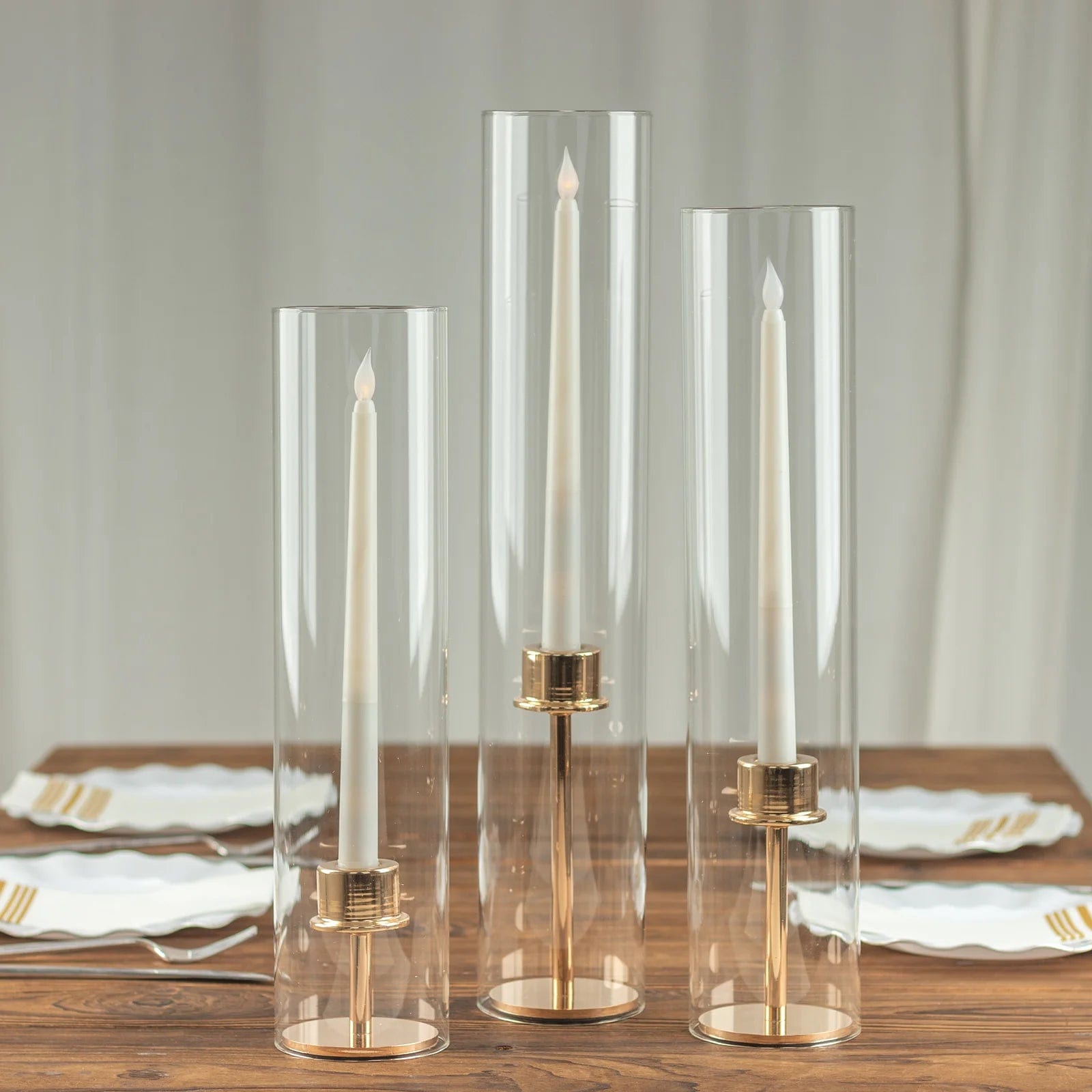 3 Clear Glass Pillar Hurricane Candle Shades