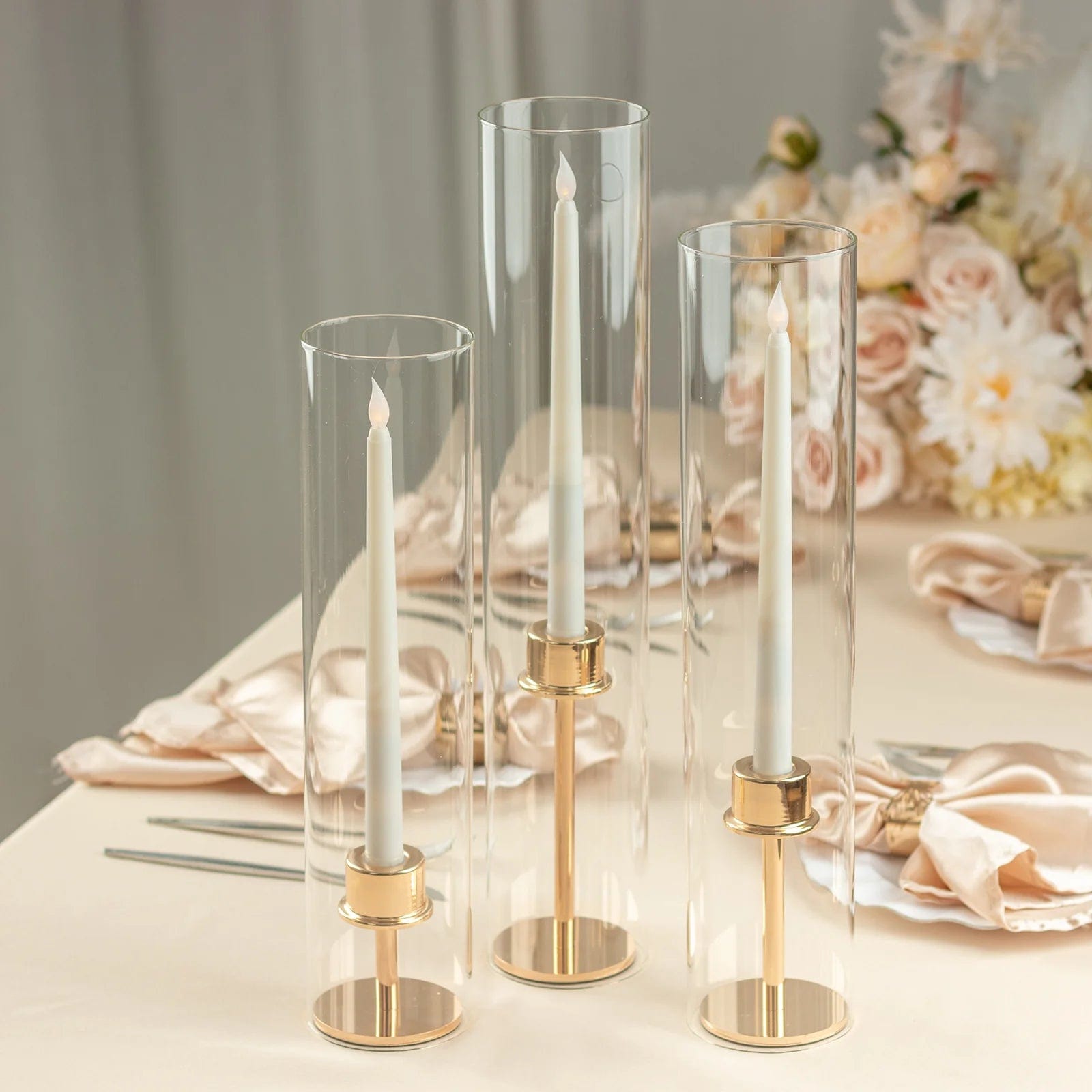 3 Clear Glass Pillar Hurricane Candle Shades