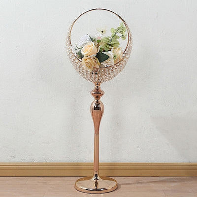 3 feet Gold Crystal Beaded Metal Candle Holder Stand in Half Moon Basket Design