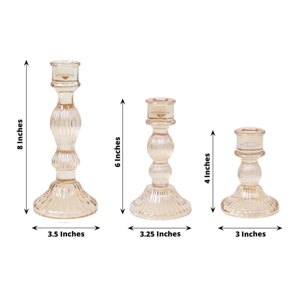 3 Fluted Crystal Glass Taper Candle Holders