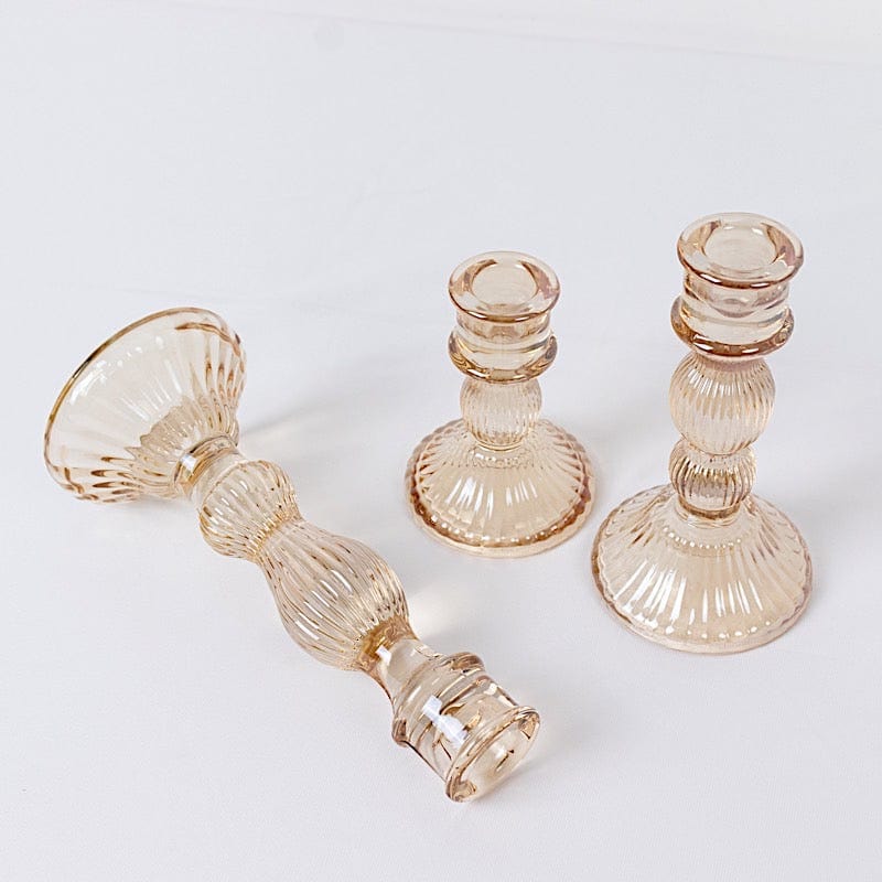3 Fluted Crystal Glass Taper Candle Holders