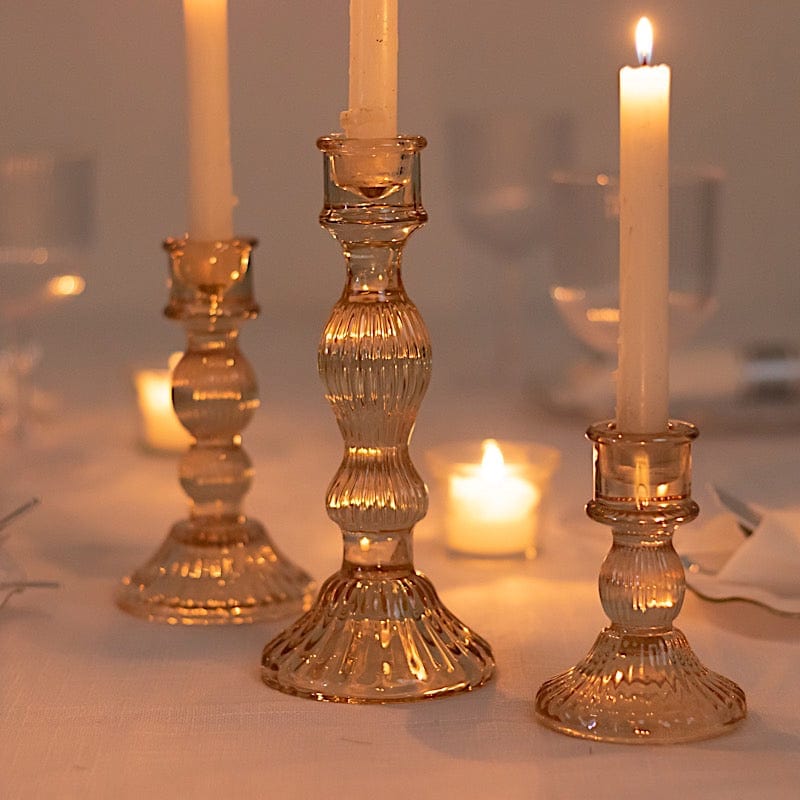 3 Fluted Crystal Glass Taper Candle Holders