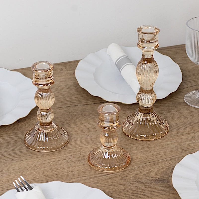 3 Fluted Crystal Glass Taper Candle Holders