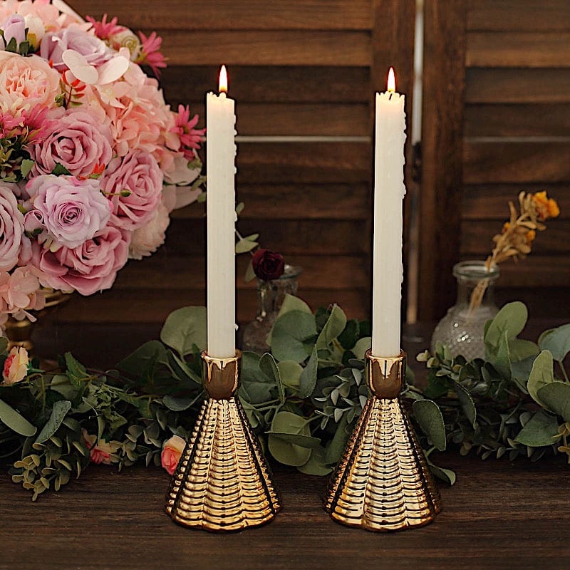3 Metallic Gold 5 in Ribbed Cone Shaped Ceramic Taper Candle Holders