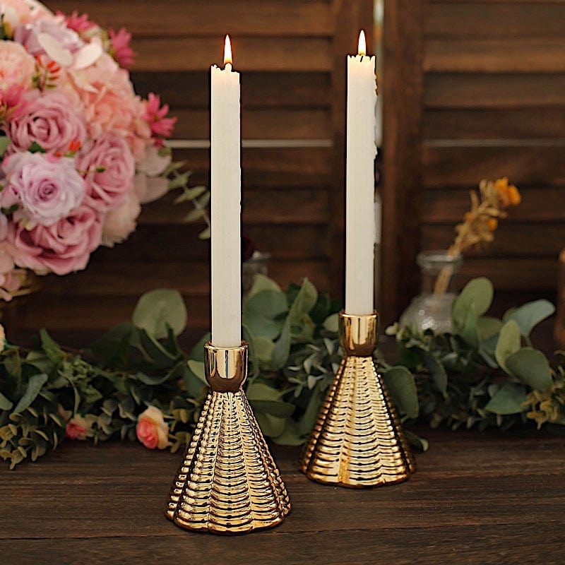 3 Metallic Gold 5 in Ribbed Cone Shaped Ceramic Taper Candle Holders