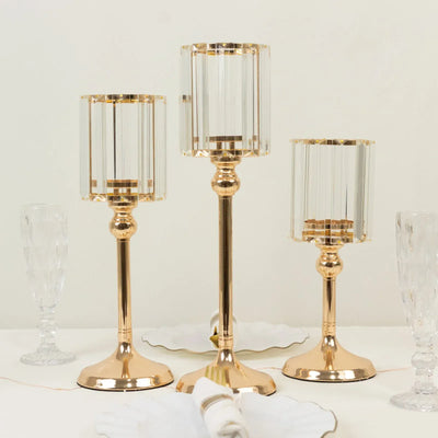 3 Gold and Clear Crystal Pendant Hurricane Candle Holders