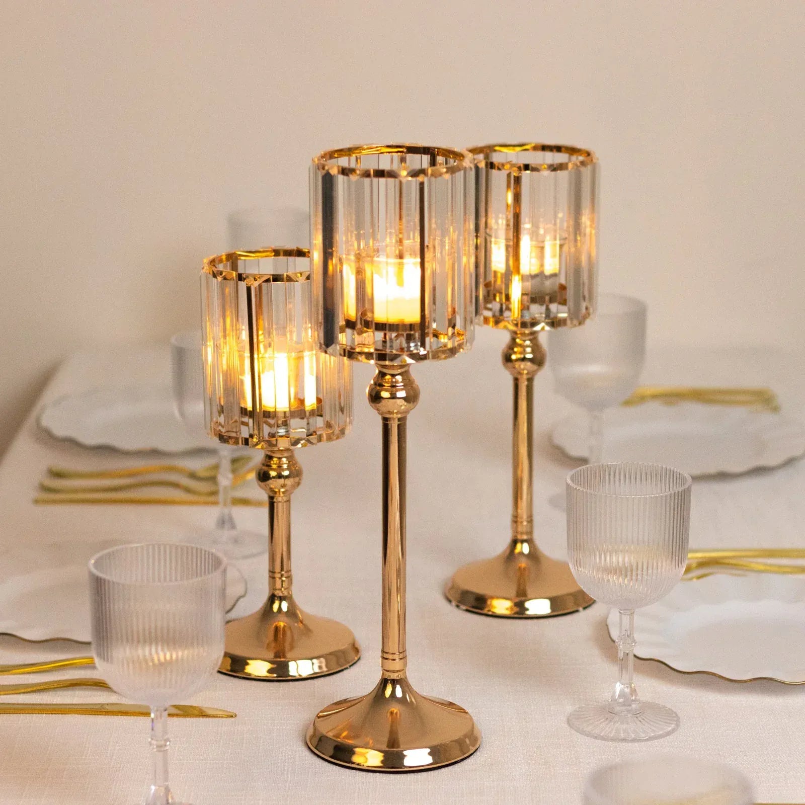 3 Gold and Clear Crystal Pendant Hurricane Candle Holders