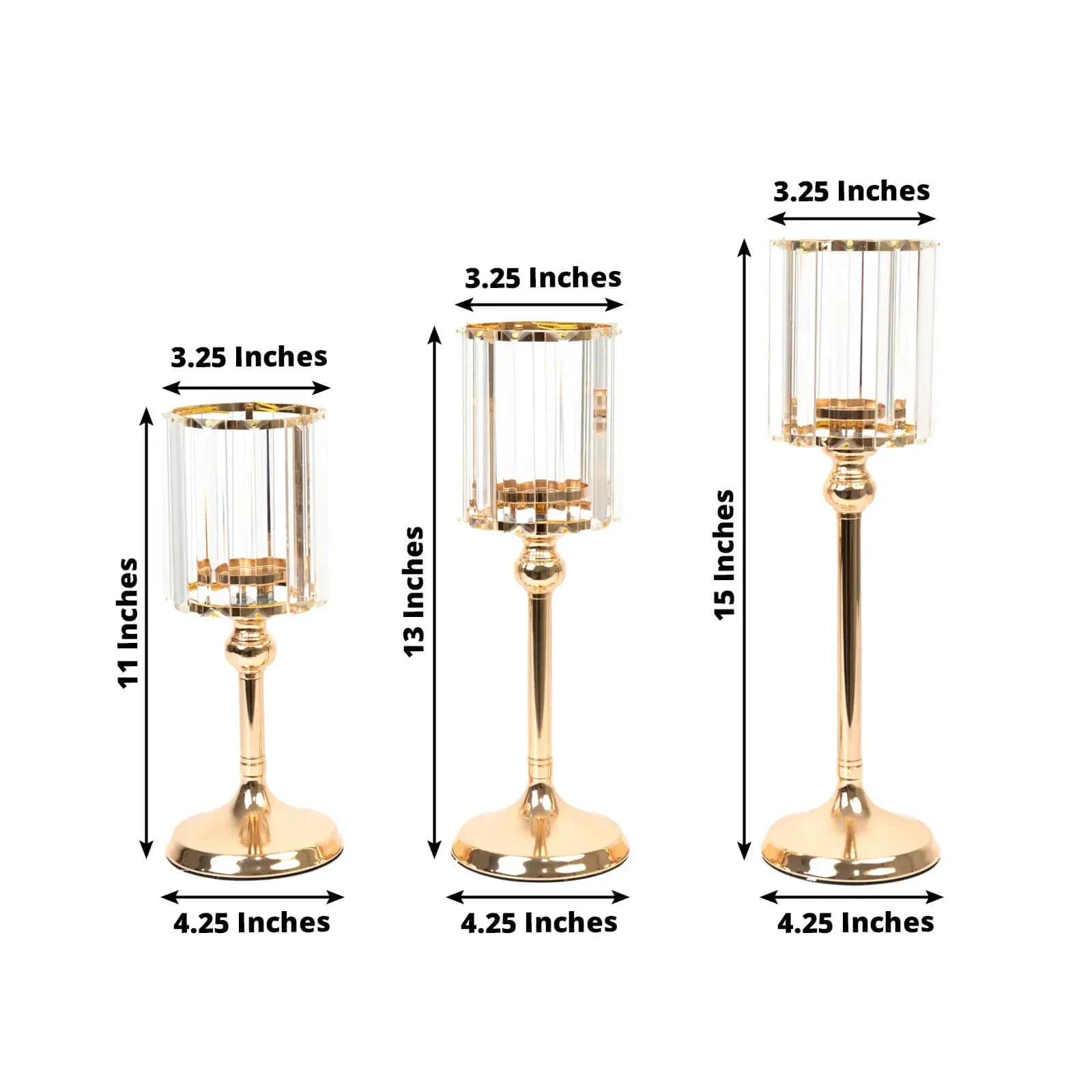 3 Gold and Clear Crystal Pendant Hurricane Candle Holders