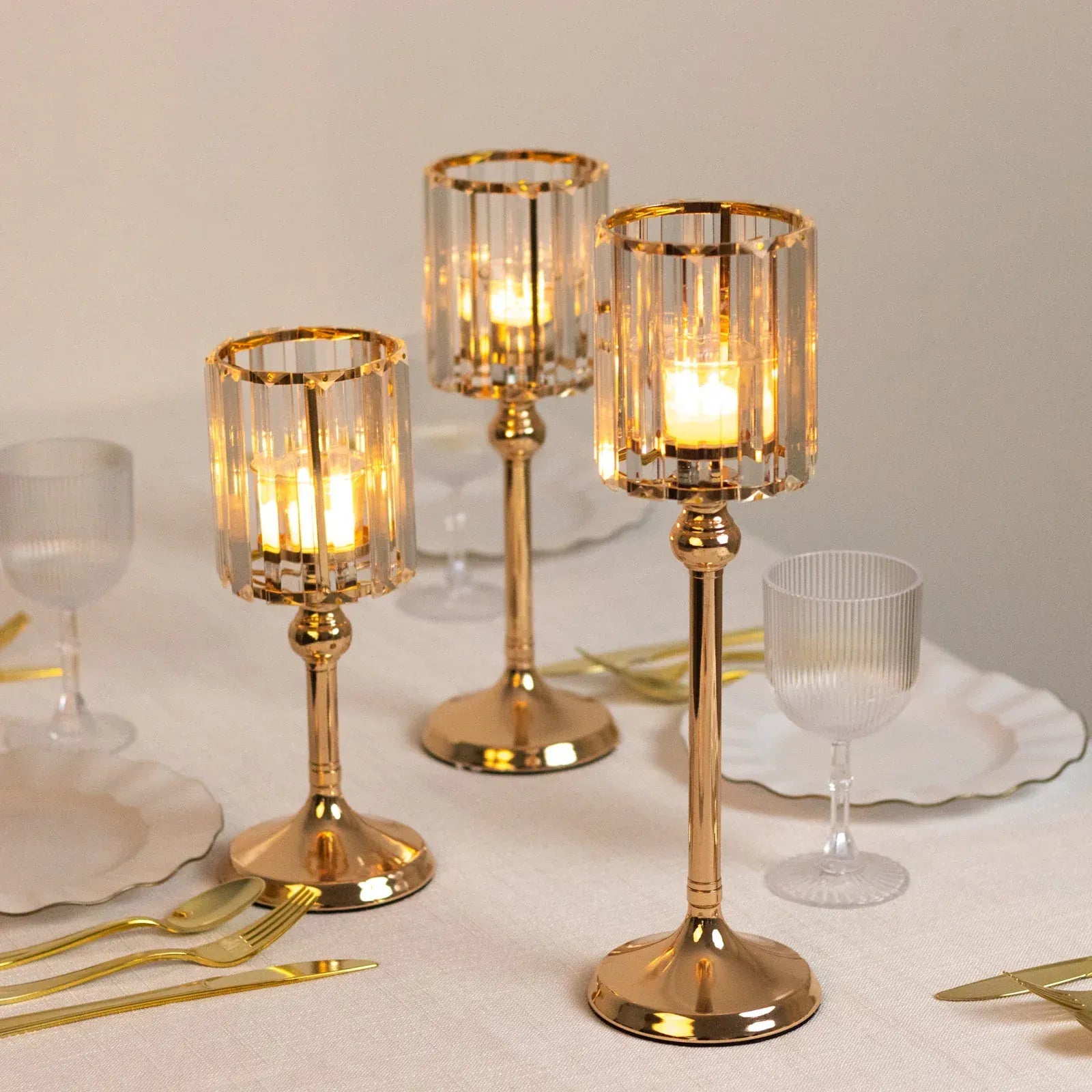 3 Gold and Clear Crystal Pendant Hurricane Candle Holders